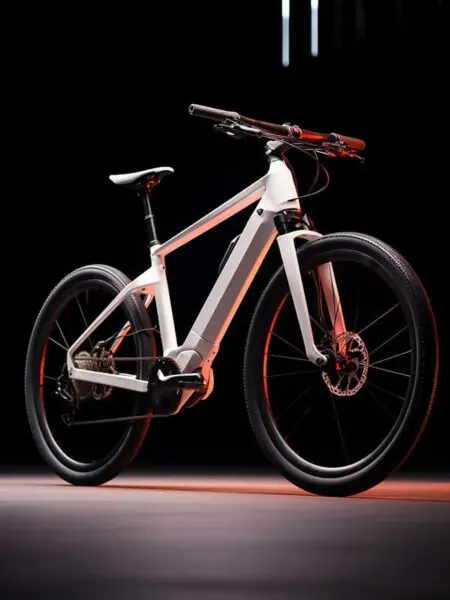 Ein schlankes, modernes, weißes Elektrofahrrad mit minimalistischem Design steht vor einem dunklen Hintergrund, der durch eine dezente rote und weiße Beleuchtung beleuchtet wird, die seine Konturen und Merkmale hervorhebt.