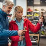 Ein älterer Mann und eine Frau stehen in einem Geschäft und begutachten Wanderstöcke. Regale mit verschiedenen bunten Schuhen sind im Hintergrund verschwommen. Beide tragen legere Outdoor-Kleidung und scheinen sich über die Ausrüstung zu unterhalten.