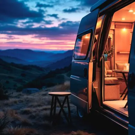 Ein gemütliches, gut beleuchtetes Wohnmobil steht bei Sonnenuntergang auf einem grasbewachsenen Hügel, mit Blick auf sanfte Berge und einen farbenfrohen Himmel, mit einem leeren Stuhl vor der offenen Tür.
