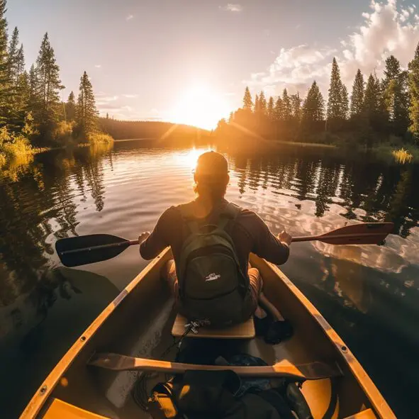Eine Person mit Rucksack paddelt in einem Kanu auf einem ruhigen See bei Sonnenuntergang, der von Kiefern umgeben ist und das goldene Sonnenlicht auf dem Wasser reflektiert.