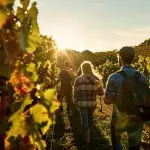 Drei Personen gehen am späten Nachmittag durch einen sonnenbeschienenen Weinberg, umgeben von Weinstöcken. Das Sonnenlicht erzeugt einen warmen Schein, während sie zwischen den Pflanzenreihen spazieren gehen.