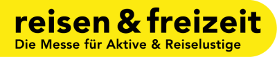 Gelbes Banner mit fettgedruckter schwarzer Schrift "reisen & freizeit" und kleinerem Text darunter "Die Messe für Aktive & Reiselustige", was übersetzt "Die Messe für Aktive und Reiselustige" bedeutet.