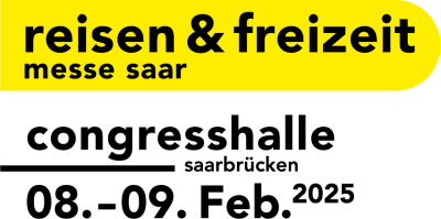 Textgrafik mit gelbem und weißem Hintergrund zur Bewerbung der reisen & freizeit messe saar in der Congresshalle Saarbrücken am 8. und 9. Februar 2025.