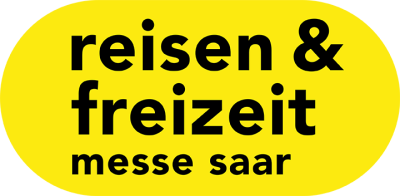 Gelbes, ovales Logo mit schwarzer, fetter Schrift: reisen & freizeit messe saar.