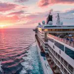 Ein großes Kreuzfahrtschiff fährt bei Sonnenuntergang mit Menschen an Deck, die den farbenfrohen Himmel und die Aussicht auf das Meer genießen. Das Wasser fließt hinter dem Schiff, während Möwen in der Nähe fliegen.