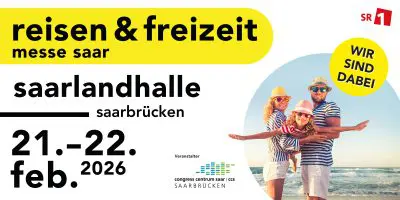 Veranstaltungsplakat für die reisen & freizeit messe saar in der Saarlandhalle, Saarbrücken, am 21. und 22. Februar 2026. Das Plakat zeigt eine lächelnde Familie in Sommerkleidung und mit Hüten sowie einen Text, der die Einzelheiten der Veranstaltung ankündigt.