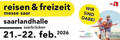 Banner für die reisen & freizeit messe saar in der Saarlandhalle, Saarbrücken, 21-22 Februar 2026. Rechts lächeln und posieren zwei Personen in Sommerkleidung; in einem gelben Kreis steht Wir sind dabei.