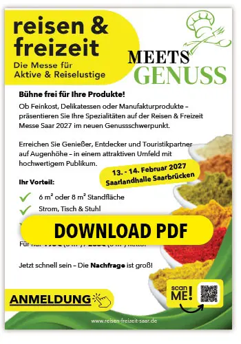 Werbeflyer für die Veranstaltung reisen & freizeit MEETS GENUSS am 13. und 14. Februar 2027 in der Saarlandhalle Saarbrücken mit Details zur Produktpräsentation, Vorteilen und QR-Code zur Anmeldung.