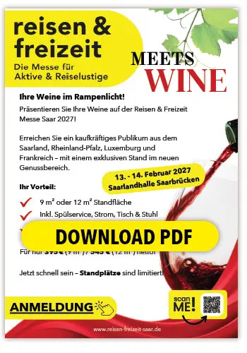 Werbeflyer für die Veranstaltung reisen & freizeit MEETS WINE mit einer lebendigen Grafik einer Weinflasche und Weintrauben, Veranstaltungsdetails, einer Liste von Vorteilen und fettgedruckten gelben Schaltflächen zum Herunterladen einer PDF-Datei und zur Anmeldung.