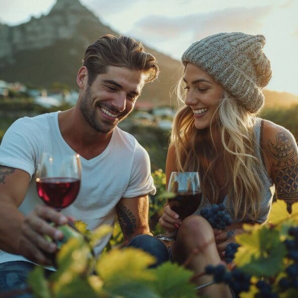 Ein lächelnder Mann und eine lächelnde Frau sitzen bei Sonnenuntergang draußen in einem Weinberg und halten Gläser mit Rotwein in der Hand. Die Frau trägt eine Strickmütze und hat Tattoos auf dem Arm. Im Hintergrund sind Weinreben und ein Berg zu sehen.