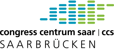 Logo des Congress Centrum Saar (CCS) Saarbrücken, mit einem Muster aus blauen und grünen Querbalken über dem Text "congress centrum saar | ccs SAARBRÜCKEN" auf hellem Hintergrund.