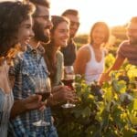Eine Gruppe von Freunden lächelt und genießt ein Glas Rotwein, während sie bei Sonnenuntergang in einem Weinberg zwischen Weinreben stehen. Die Atmosphäre ist warm und fröhlich.