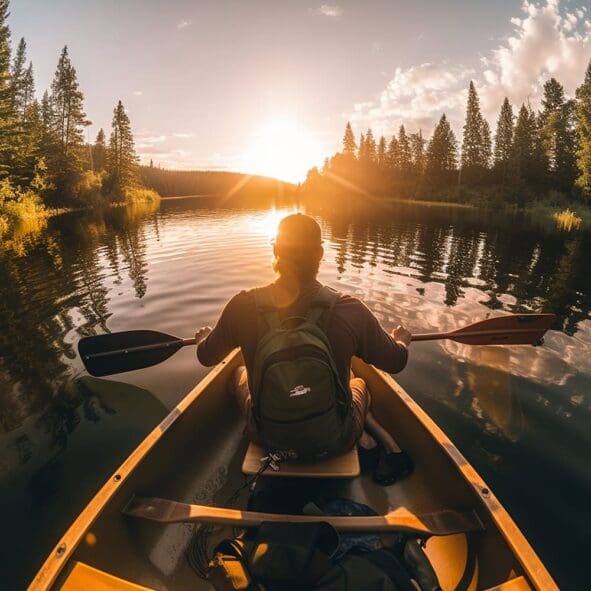 Eine Person mit Rucksack paddelt in einem Kanu auf einem ruhigen See bei Sonnenuntergang, der von Kiefern umgeben ist und das goldene Sonnenlicht auf dem Wasser reflektiert.