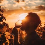Eine Person in Silhouette trinkt bei Sonnenuntergang in einem Weinberg Wein aus einem Glas, wobei das goldene Sonnenlicht durch das Glas scheint und im Vordergrund Weinblätter zu sehen sind.