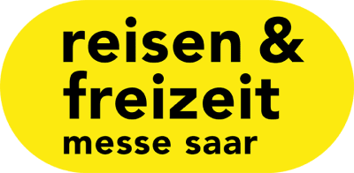 Gelbes, ovales Logo mit schwarzer, fetter Schrift: reisen & freizeit messe saar.