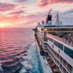 Ein großes Kreuzfahrtschiff fährt bei Sonnenuntergang mit Menschen an Deck, die den farbenfrohen Himmel und die Aussicht auf das Meer genießen. Das Wasser fließt hinter dem Schiff, während Möwen in der Nähe fliegen.