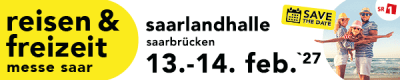 Banner für die reisen & freizeit messe saar in der Saarlandhalle, Saarbrücken, am 13. und 14. Februar 2027. Enthält einen "Save the Date"-Hinweis und ein Bild eines lächelnden älteren Paares in Sommerkleidung am Strand.