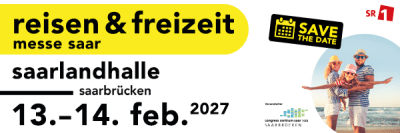 Banner für die reisen & freizeit messe saar in der Saarlandhalle, Saarbrücken am 13. und 14. Februar 2027. Mit "Save the Date" und einem Foto einer Familie in Sommerkleidung und Sonnenbrille.